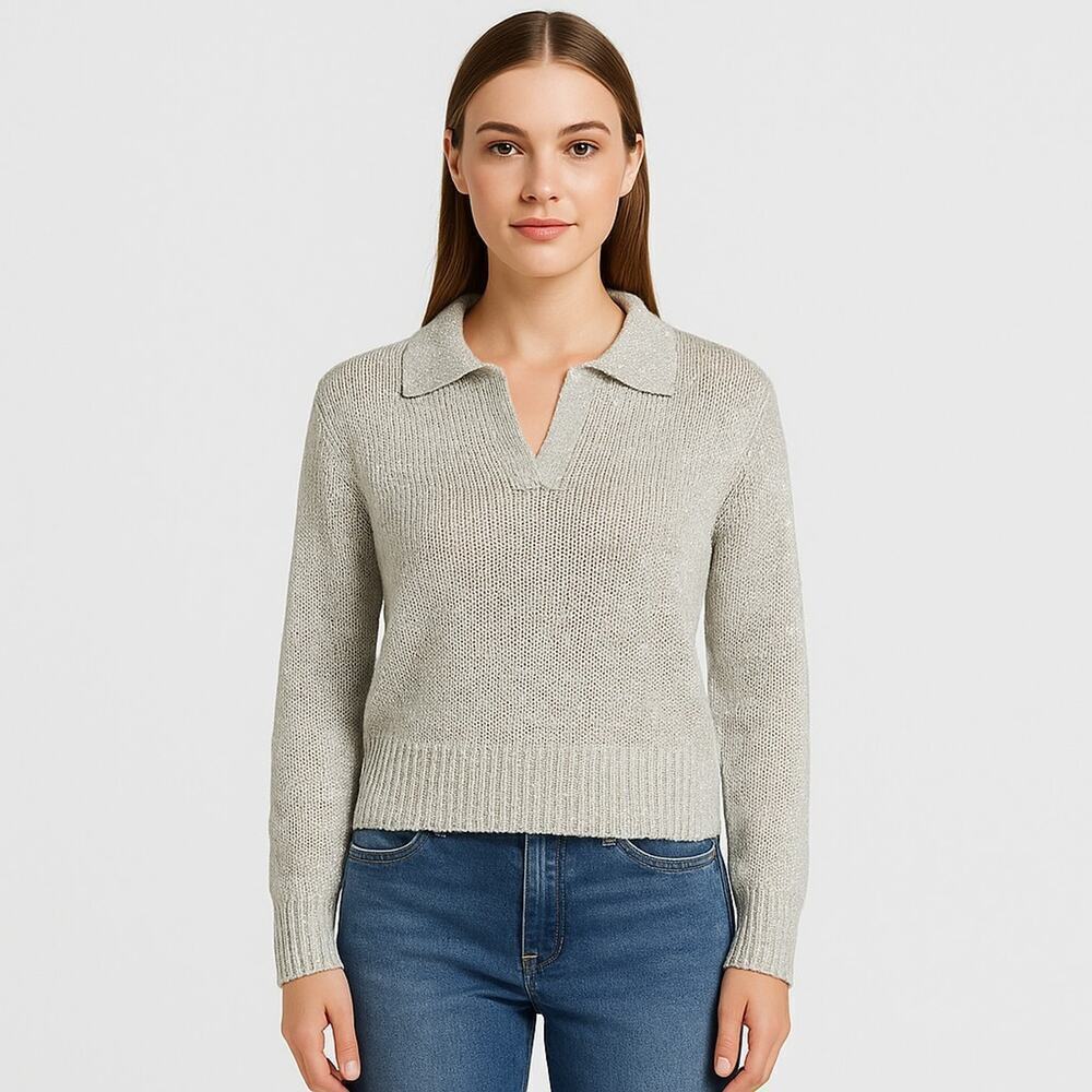 Marled Womens Light Gray Metallic Sweater Size L Shimmery Knit Collared Pullover